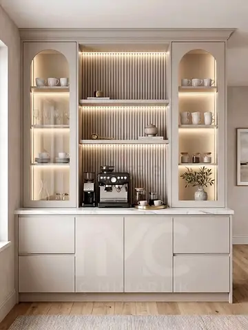 Built-in kitchen display cabinet with LED shelves and marble countertop