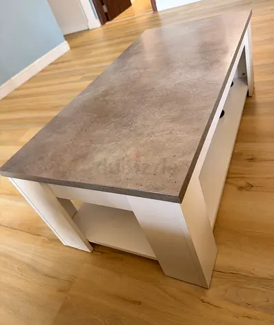 White Coffee Table with Concrete-Effect Top and Storage Shelf - 120cms