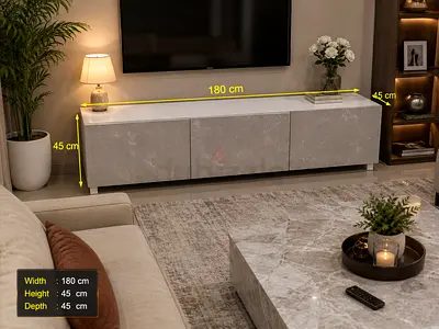 Modern low-profile TV cabinet / media console in grey marble finish - 180cm