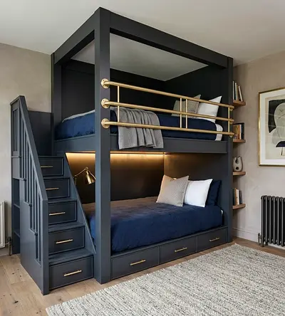 Solid wood bunk bed with storage drawers and staircase