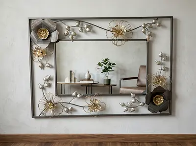 Large Decorative Wall Mirror with Gold Floral Metal Frame (100 x 70 cm)