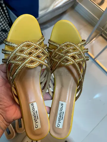 Crystal-embellished yellow slip-on heels (Crystalicious) - size not specified