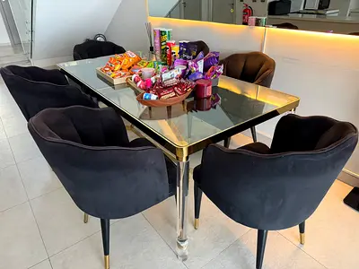 Glass Top Dining Table with 6 Velvet Upholstered Chairs - Modern Set