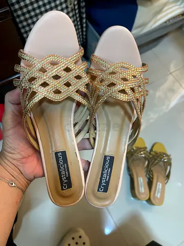 Crystal-embellished Gold Slip-on Heels, Size EU 38