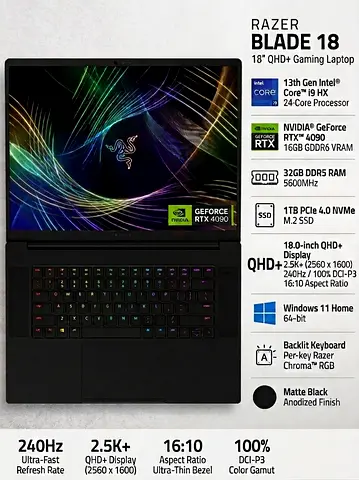 Razer Blade 18 Gaming Laptop: NVIDIA GeForce RTX 4090-13th Gen Intel 24-Core i9 HX CPU - 18" QHD+ 24