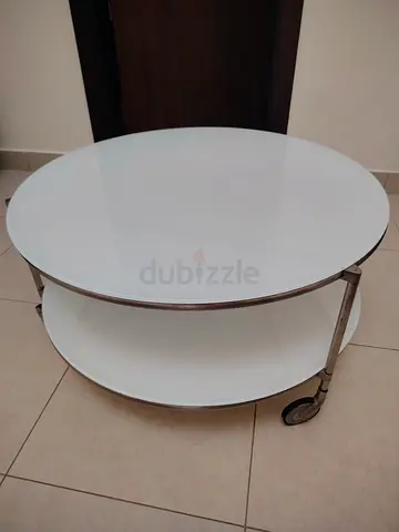 IKEA Round 2-Tier White Glass Coffee Table on Wheels