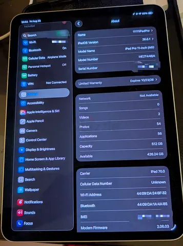 iPad Pro M5 512GB WiFi + Cellular, 11 inch. Personal use for sale, battery 100%,count 54, almost new