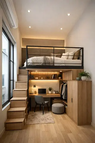 Compact loft bed with built-in study, wardrobe and storage — solid wood finish