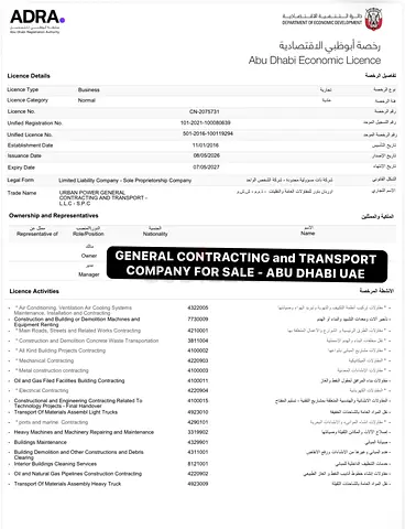Established Abu Dhabi Contracting & Transport Company for Sale – Since 2016