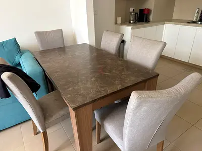 6-Seater Dining Table with Marble-Effect Top and Upholstered Chairs