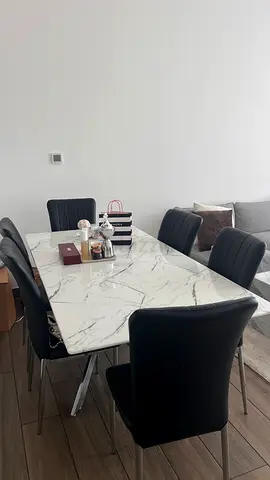 Marble-effect Dining Table with 6 Black Upholstered Chairs - Good Condition