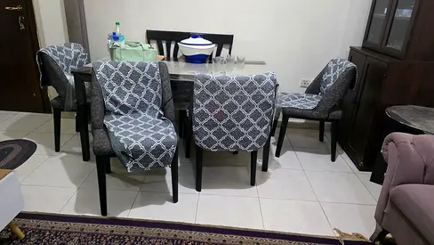Dining table with 4 upholstered chairs - dark wood set