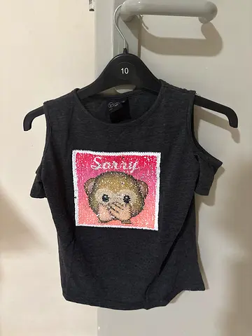 Dark grey girls' sequin reversible bear t-shirt -