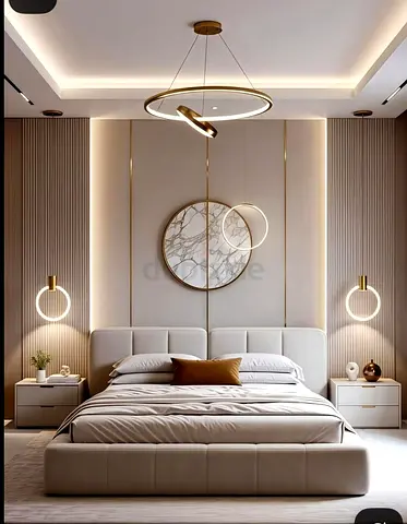 Modern bedroom pendant & wall ring lights - set of 3 elegant fixtures and wall decor