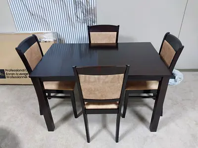 Dark Wood 4-Seater Dining Table with Upholstered Chairs