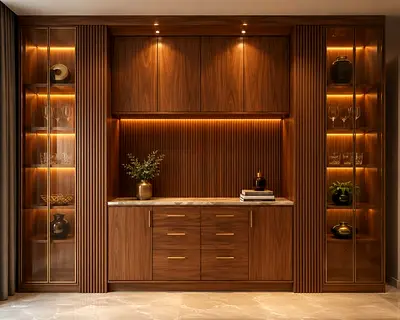 Custom Built-in Walnut Display Cabinet with Marble Top and LED Lighting