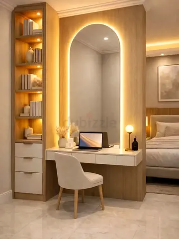 Built-in wooden dressing table with illuminated arch mirror and shelving