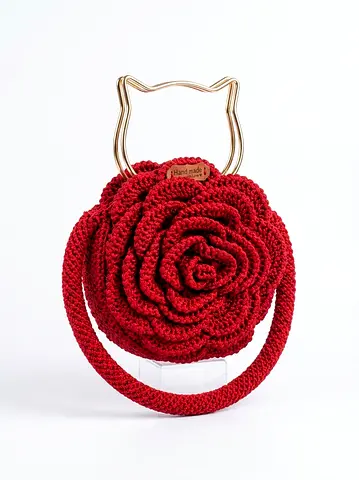 Handmade Red Crochet Rose Handbag with Gold Cat-Handle