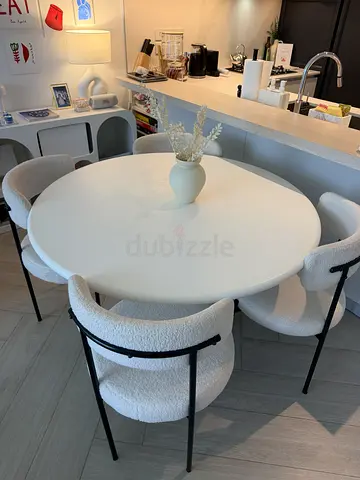 Round Cream Dining Table + 4 Bouclé Chairs