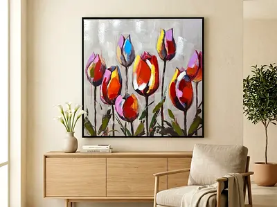 Framed Abstract Floral Painting - Colorful Tulips Canvas 80 x 80 cm