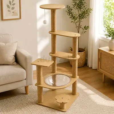 Wooden multi-level cat tree with scratching posts and hammock