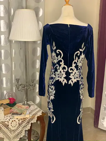 Navy Velvet Embroidered Long Evening Gown - Size 12 party dress