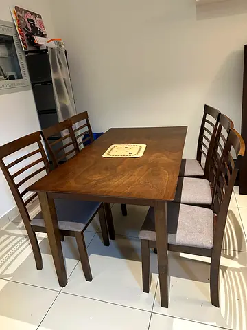 Solid Wood 6-Seater Dining Table with Cushioned Chairs - Dark Finish