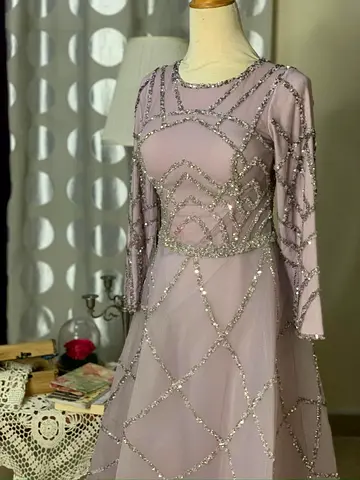 Lilac beaded evening gown, size approx. S-M - long sleeve party dress