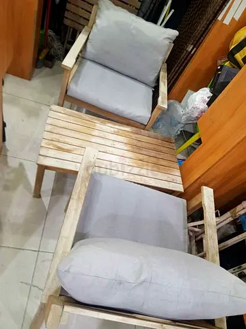 Used Wooden Patio Armchairs with Cushions and Matching Coffee Table - Set of 2