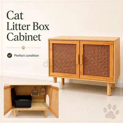Wooden Cat Litter Box Cabinet - Rattan Doors, Excellent Condition