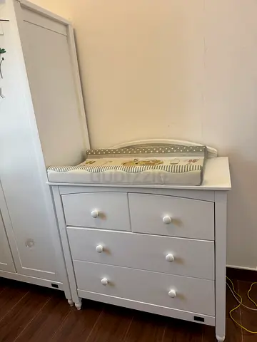 White baby changing table with drawers, bed with mattress (toys are not included) and small wardrobe