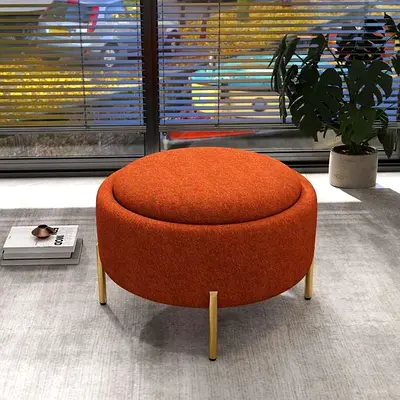 Round Orange Upholstered Ottoman / Footstool with Gold Legs
