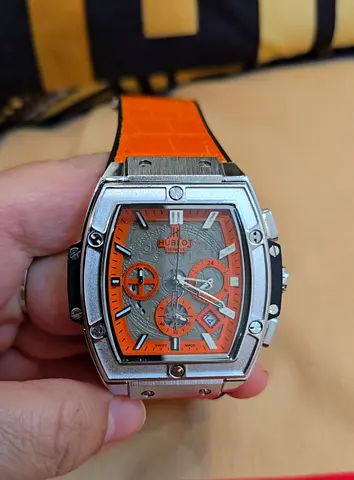 Hublot-style Orange Chronograph Men's Watch with Leather Strap