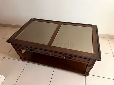 Wooden Coffee Table with Glass Insets and Lower Shelf - Good Condition