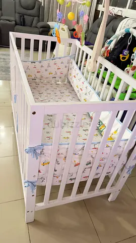 White Wooden Baby Crib with Bumper and Mobile - Good Condition