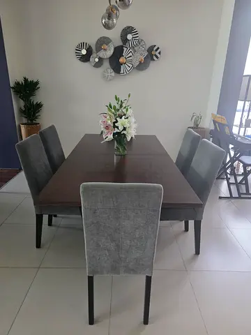 Set of 6 Grey Upholstered Dining Chairs with Wooden Legs