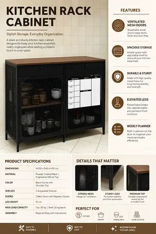 Industrial Metal Kitchen Rack Cabinet with Wooden Top and Mesh Doors