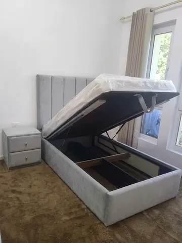 Single Grey Fabric Storage Bed with same one side table-