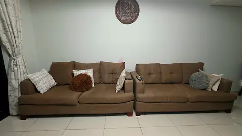 3+3+2 Two-piece brown fabric sofa set — 3-seater and 2.5-seater, good condition