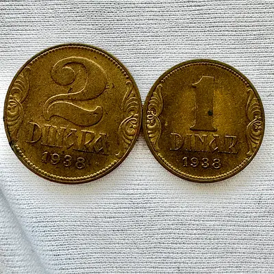 1938 Yugoslavia 1 and 2 Danara  Set (old antique coins)
