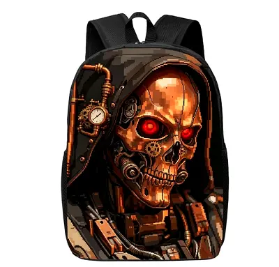 Black Steampunk Robot Skull Graphic Backpack - Casual Daypack