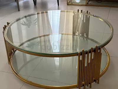 Round Gold Metal and Glass Table - two Tier, Very Good Condition.