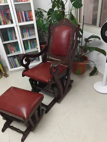 Solid Wood Rocking Recliner Chair with Leather Cushions and Footstool