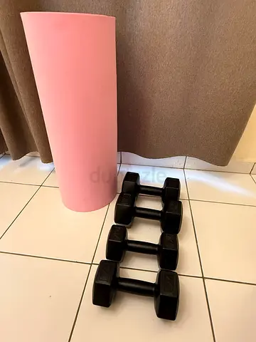Yoga Mat (pink) with set of 4 dumbbells - good condition