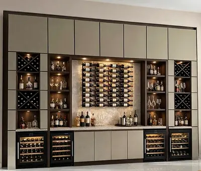 Large Built-in Home Bar with Wine Storage and Display Shelves