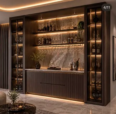 Built-in Home Bar Cabinet with Glass Display and LED Lighting