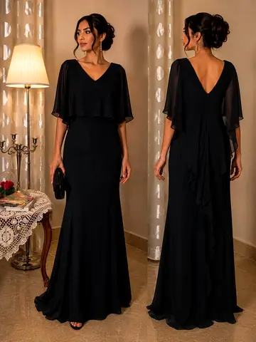Elegant black evening gown with capelet sleeves, party dress