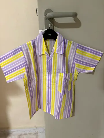Short-sleeve pastel striped button-up shirt with pant