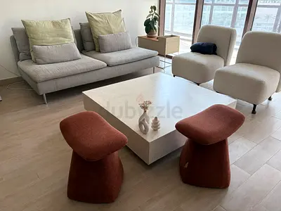 Minimalist low rectangular coffee table in beige terrazzo finish 110x110