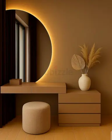 Modern wall-mounted vanity table with LED mirror and pouf